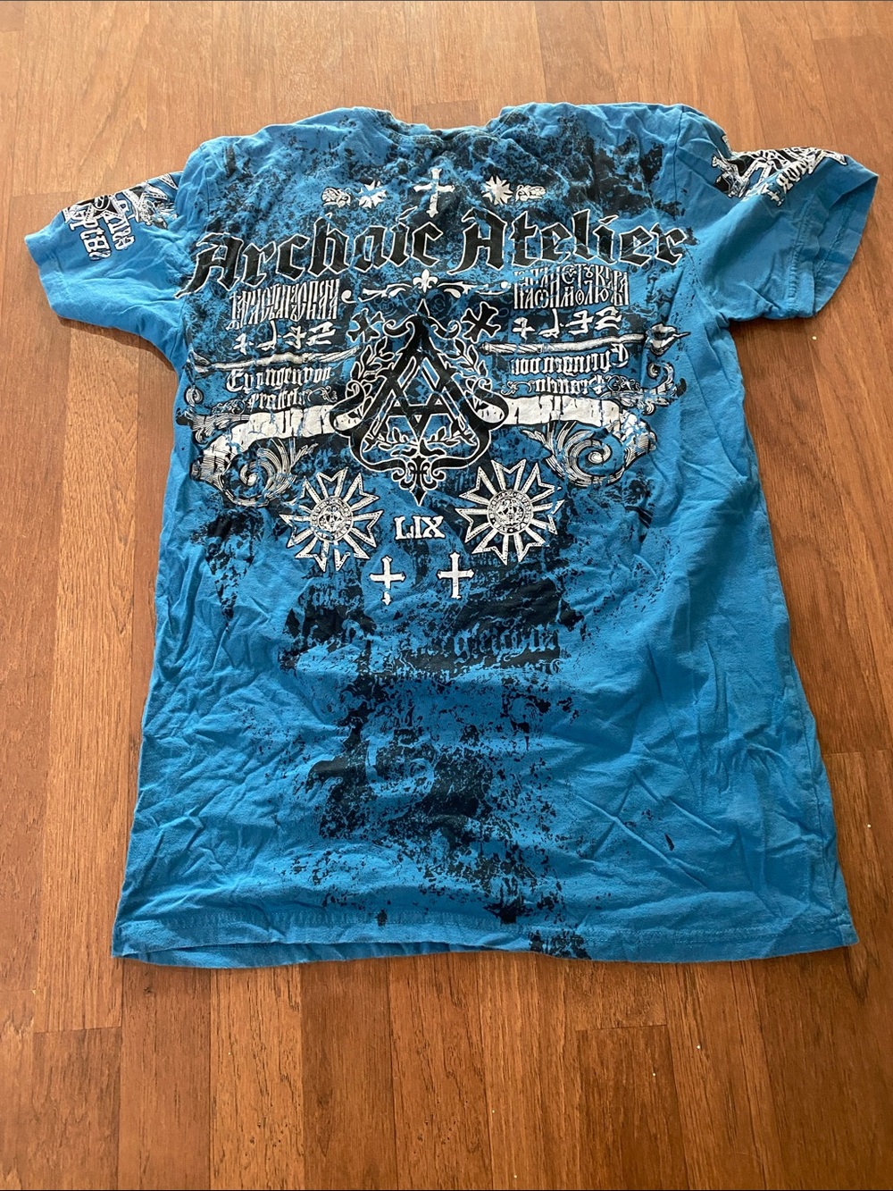 Affliction Men’s Graphic Short-Sleeve Tee in Turquoise with Black & White Print - Picture 4 of 4
